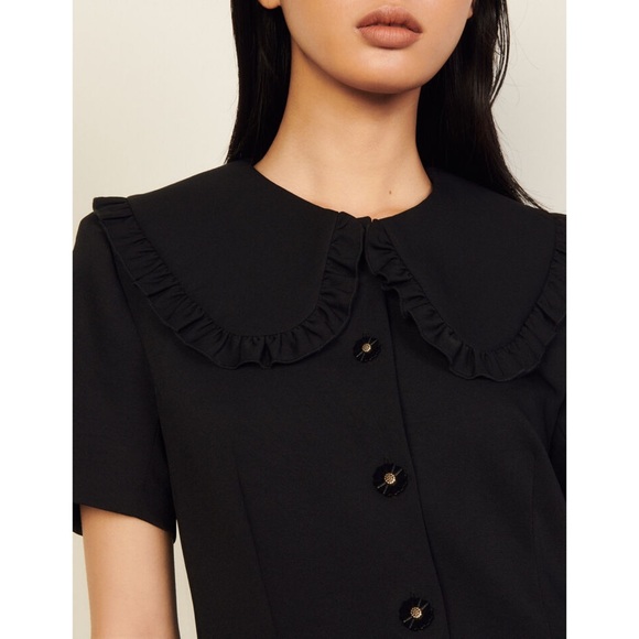 NWT Sandro Black Short Dress with Large Ruffled Peter Pan Collar - Picture 2 of 16